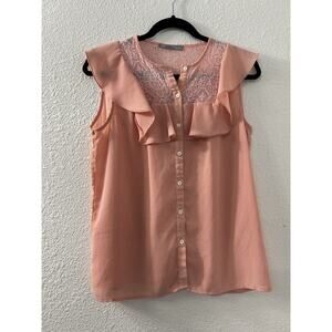 OCTAVIA Womans Size M Peach Ruffle Button Up Lace Sleeveless Top Innocent‎ Doll